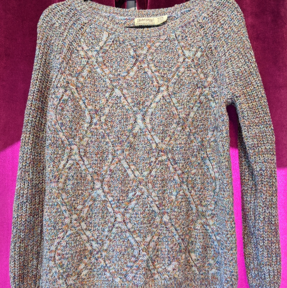 Calico cream and multicolored knit raglan sweater